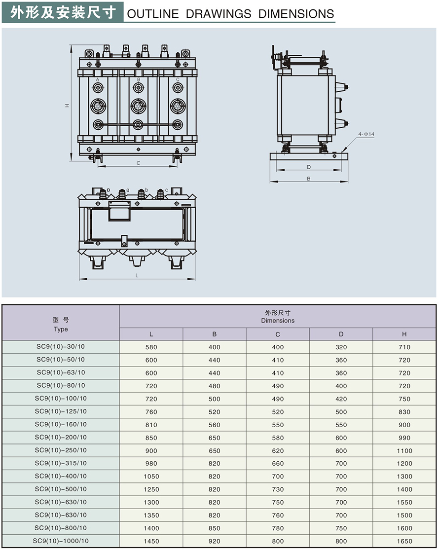 SC9-30/10型干式變壓器外形及安裝尺寸