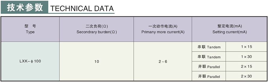 LXK-φ100型零序電流互感器技術參數